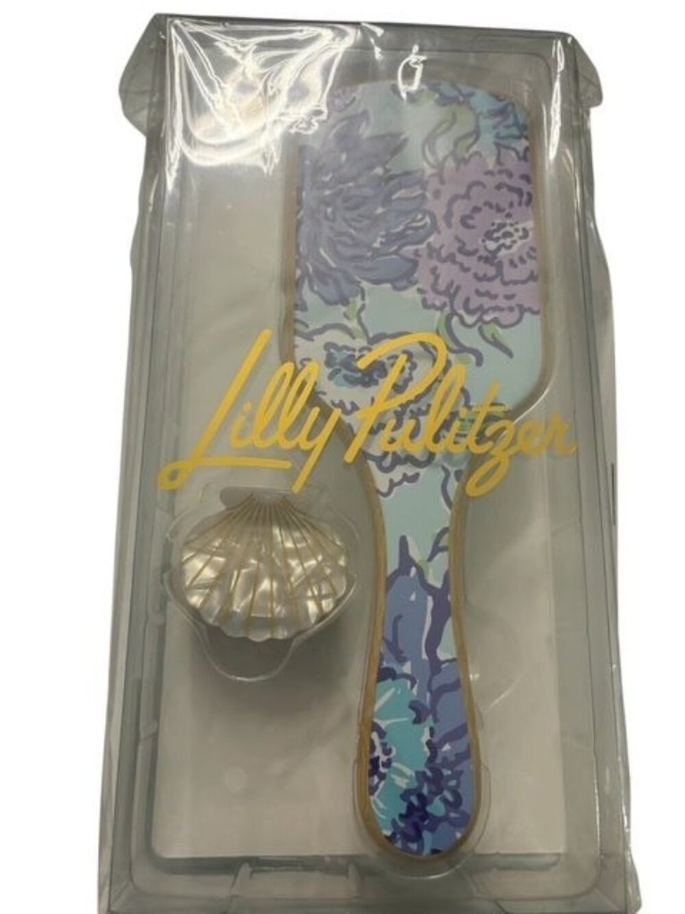NWT Lilly Pulitzer Let it Gogh Floral Pattern Hair Brush + Shell Hair Clip Set